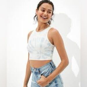 NWT AE High Neck Cropped Top in Blue-Green Tye Dye, size XL
